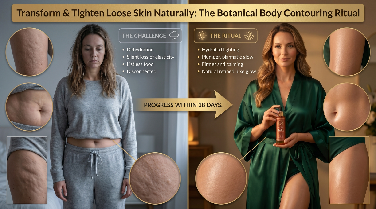 Before and after using luxury skin firming body oil on thighs showing improved skin elasticity and smooth skin texture